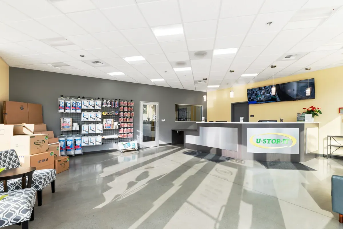 Interior of self storage facility, view of office.