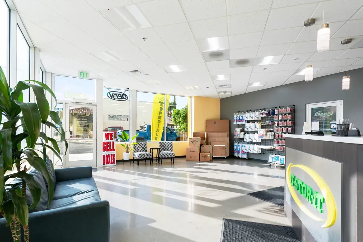 Interior of U-Stor-It facility, view of office and storage supplies.