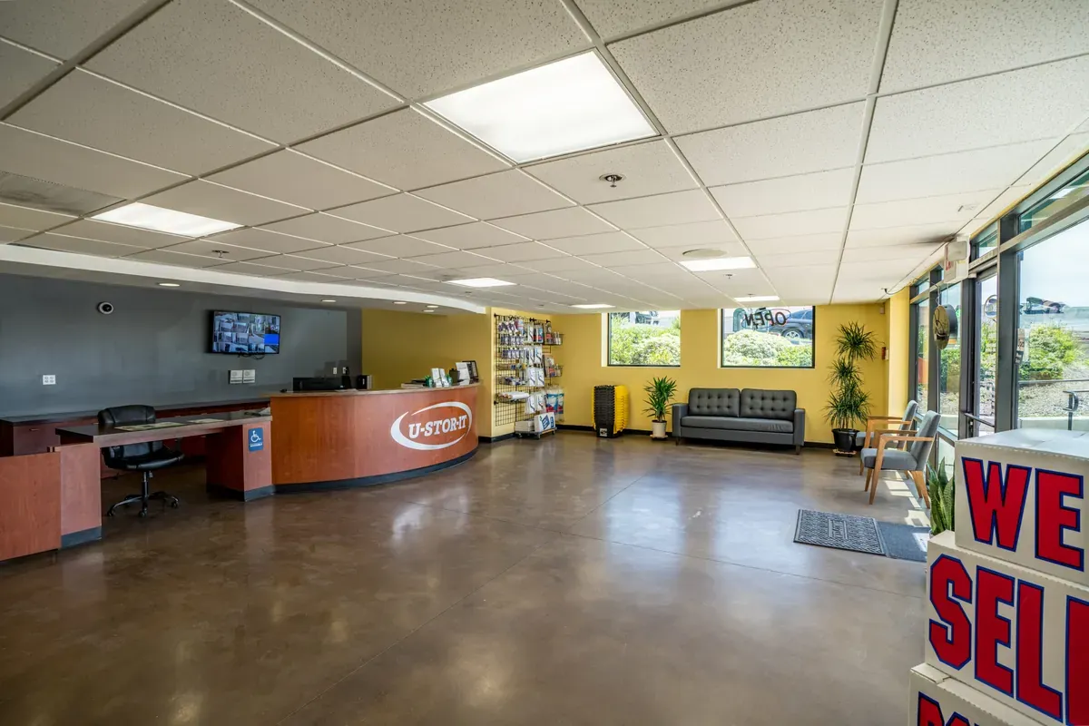 Interior of self storage facility, view of office.