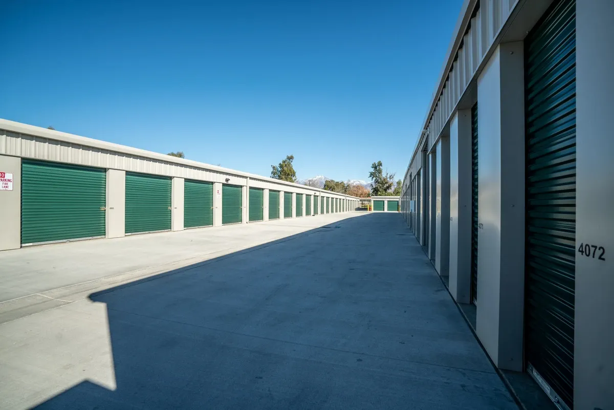 View of outdoor storage units at U-Stor-It self storage facility.