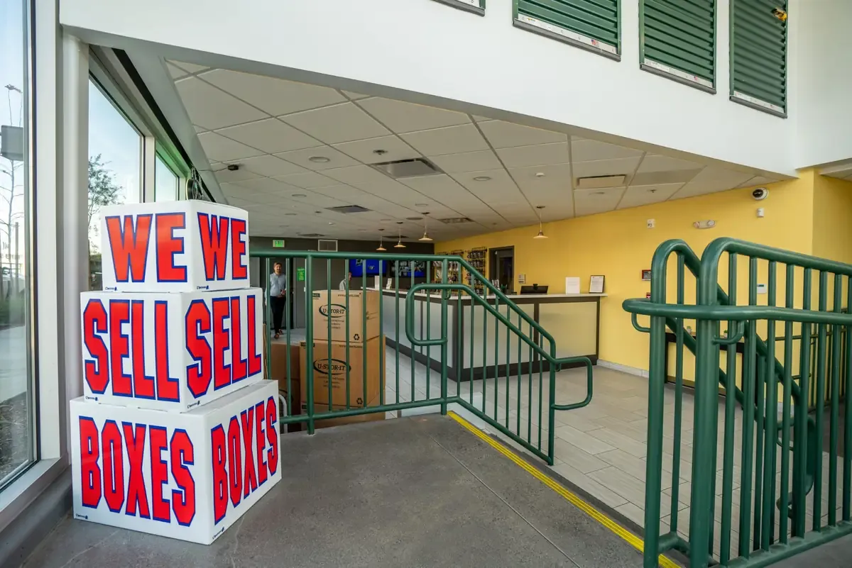 Interior of self storage supplies at U-Stor-It facility, view of office.
